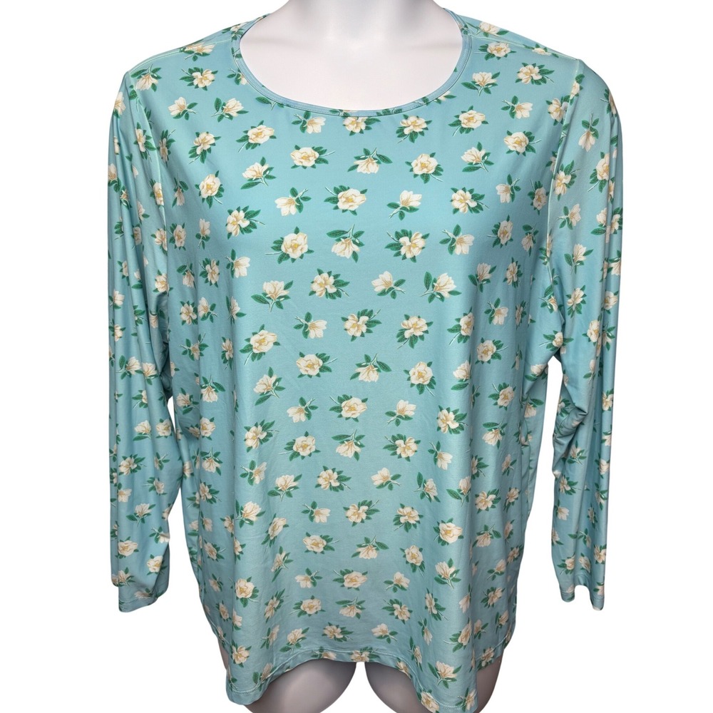 DRAPER JAMES x LANDS' END Womens Blue Floral Long Sleeve Rash Guard 2X SPF Beach